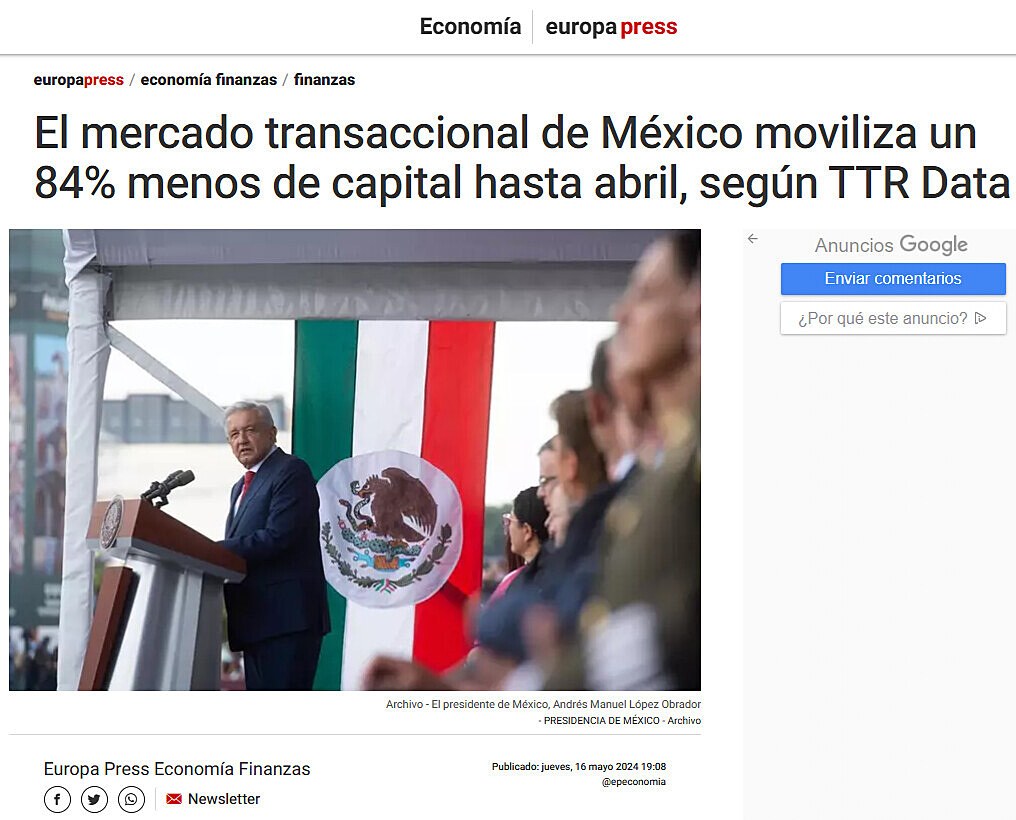 El mercado transaccional de Mxico moviliza un 84% menos de capital hasta abril, segn TTR Data